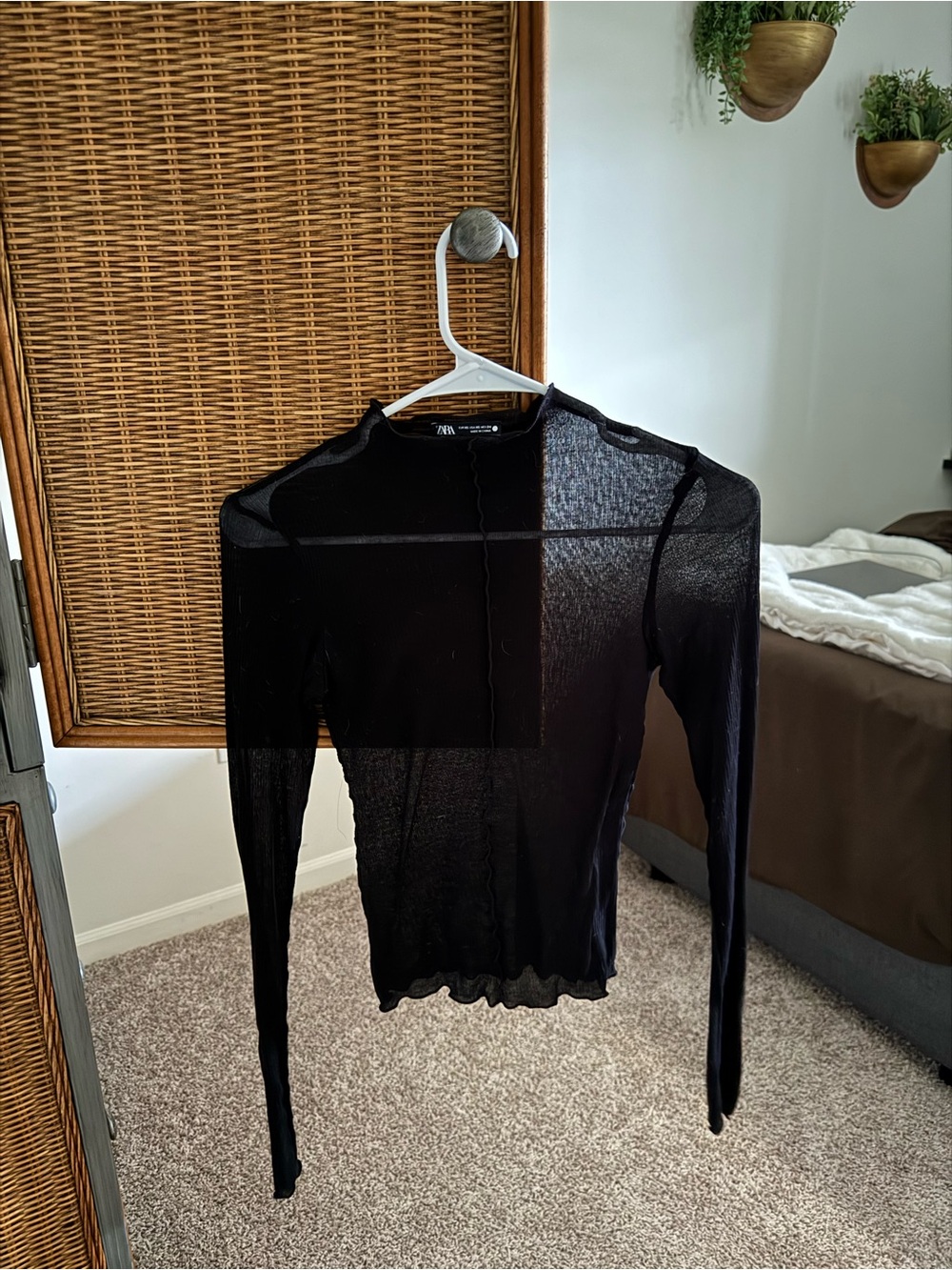 Zara Black Sheer Long-Sleeve Crew Neck Sweater